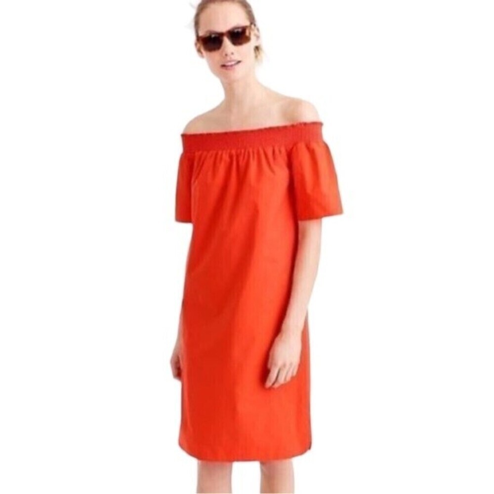 J. Crew Off The Shoulder Orange Cotton Babydoll Smocked Dress Size 0